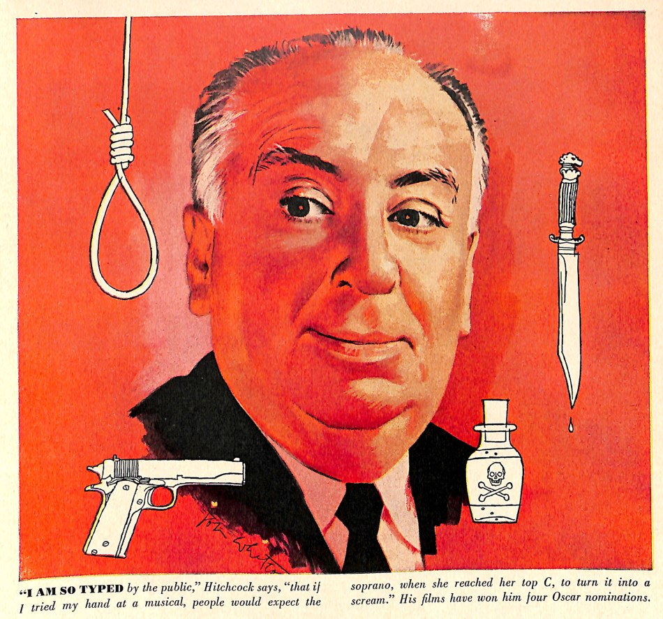 Alfred Hitchcock illustration and article by Jon Whitcomb - Cosmo Oct 1959