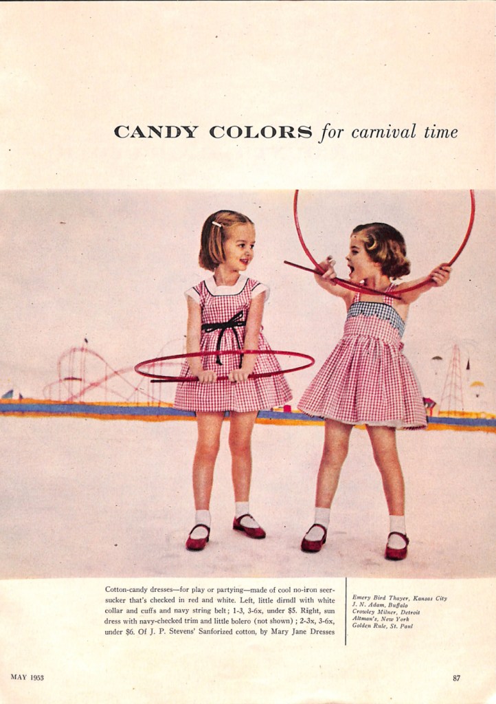 Scan from an article in the May 1953 Glamour Magazine - Girls red and white gingham dresses