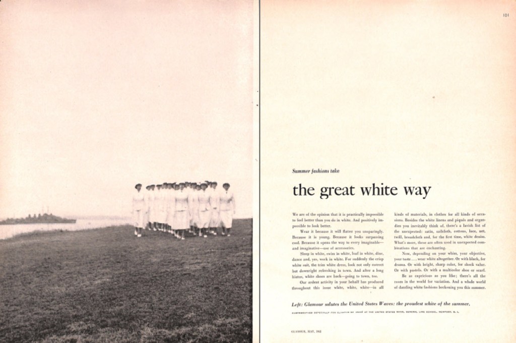 Great white way article - Glamour May 1951 - US Waves wearing white