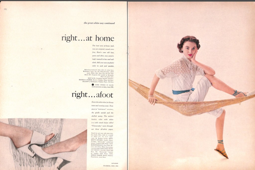 White fashion shoes and white lace and sailcloth outfit - Glamour May 1951