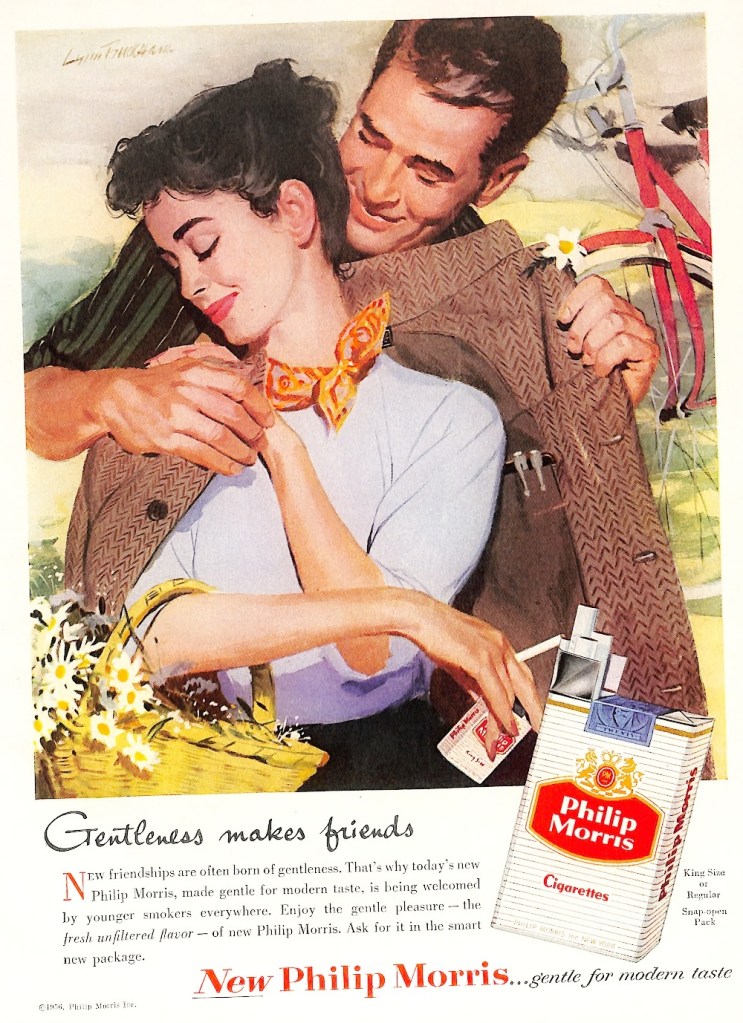 Illustration of couple at picnic - Philip Morris Cigarettes - Charm magazine May 1956