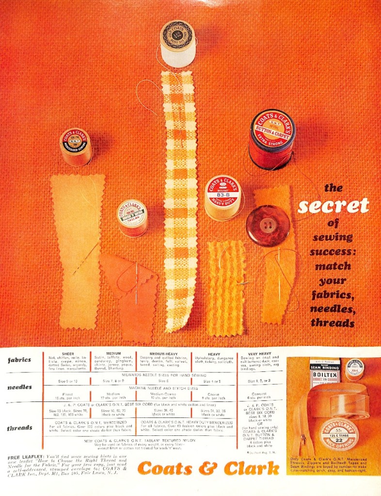 Vintage 1961 Coats & Clark Ad - Mid-century Fabrics in Orange tones and shades.