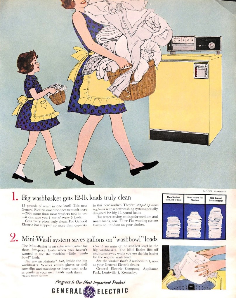 GE Washer Ad - 12 Pound Load washer with mini washbowl - McCalls February 1962