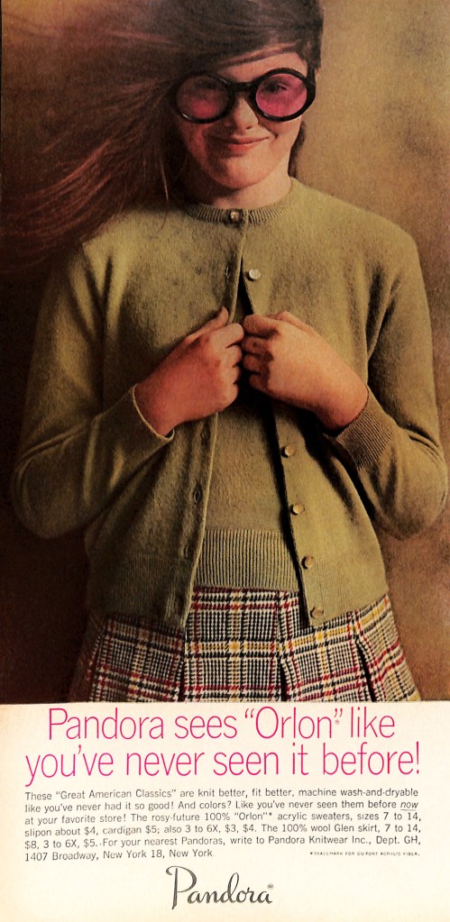 Smiling teen wearing cardigan and glasses - Orlon Ad Good Housekeeping August 1963 
