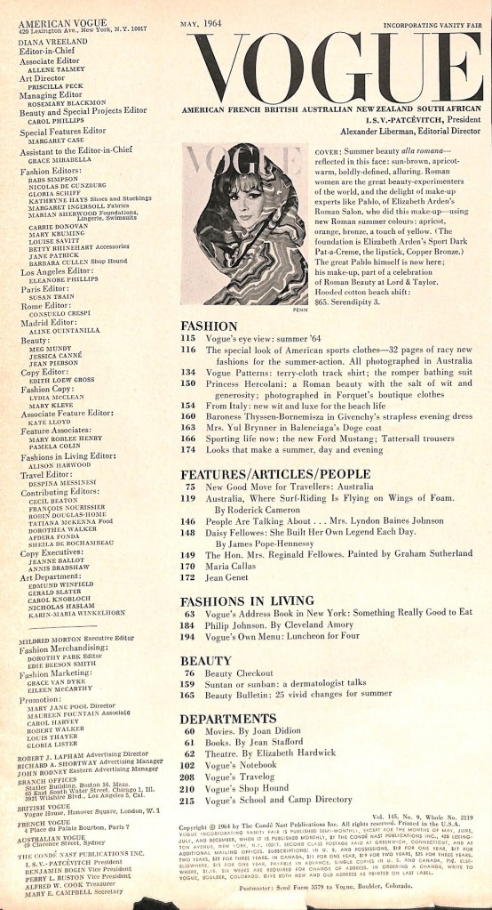 Vogue Magazine May 1964 - Table of Contents