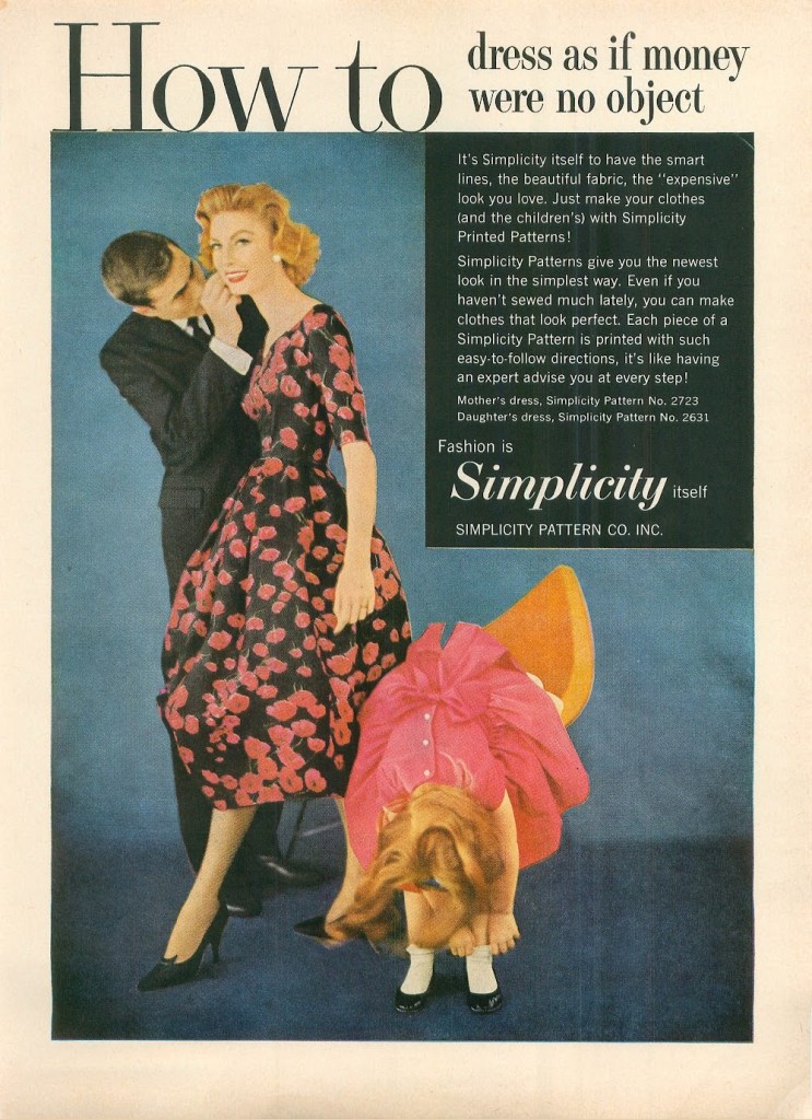 Family dressed up for evening out - 1958 Ad for Simplicity Dress Patterns from October Good Housekeeping Magazine.