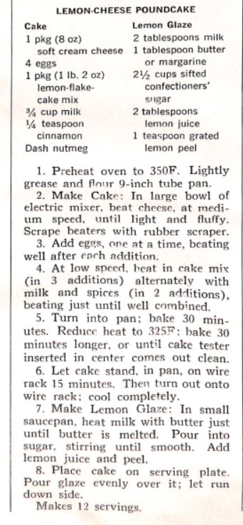 Lemon Cheese Pound Cake - 1962 Recipes from McCalls