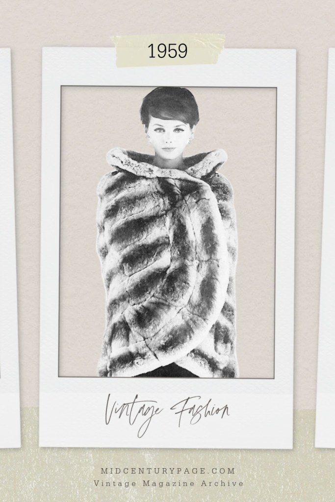 High fashion model wearing a chinchilla mink coat for I Magnin. October 1959. Vogue Magazine. 
