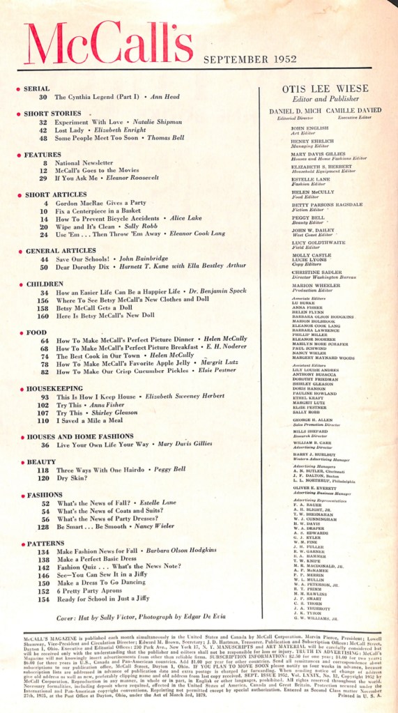 McCalls Magazine Table of Contents Sept 1952