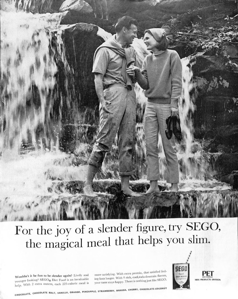 1964 Sego Diet Drink Ad - Active couple enjoying hike to waterfall
