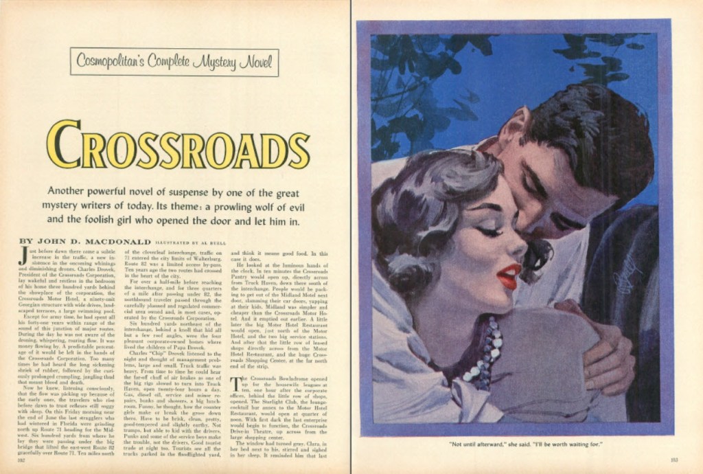Crossroads by John D MacDonald with illustration by Al Buell - Cosmo June 1959
