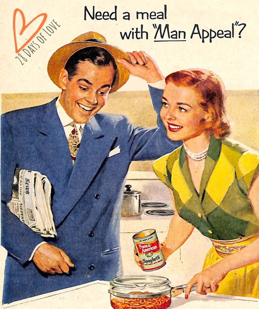 Illustration of mid-century couple - Franco-American Spaghetti - August 1951 McCalls Magazine