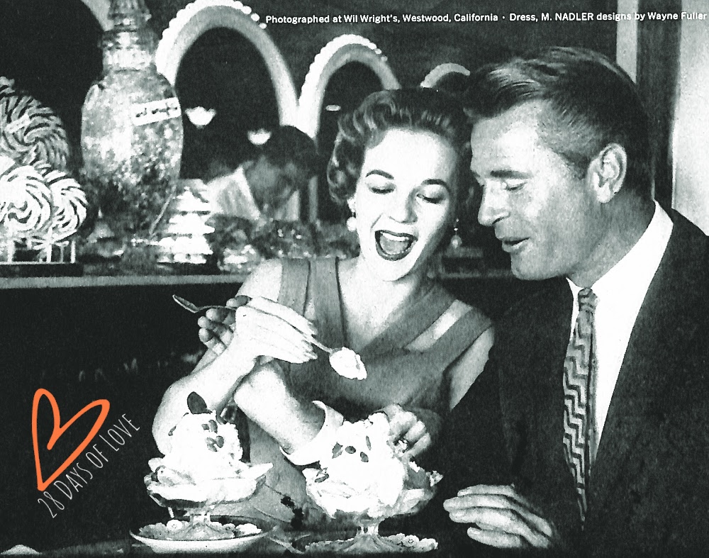 Date night at Will Wright's - Couple enjoying banana split - Remington type writer at - 1956