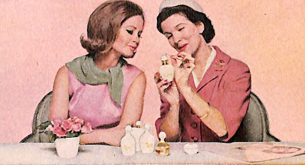 1960's Avon lady showing fragrance to customer