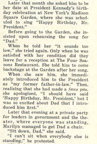 Excerpt from article about Marilyn Monroe and her account of rehearsing for the JFK 45th birthday event to her ex-father-in-law Isado