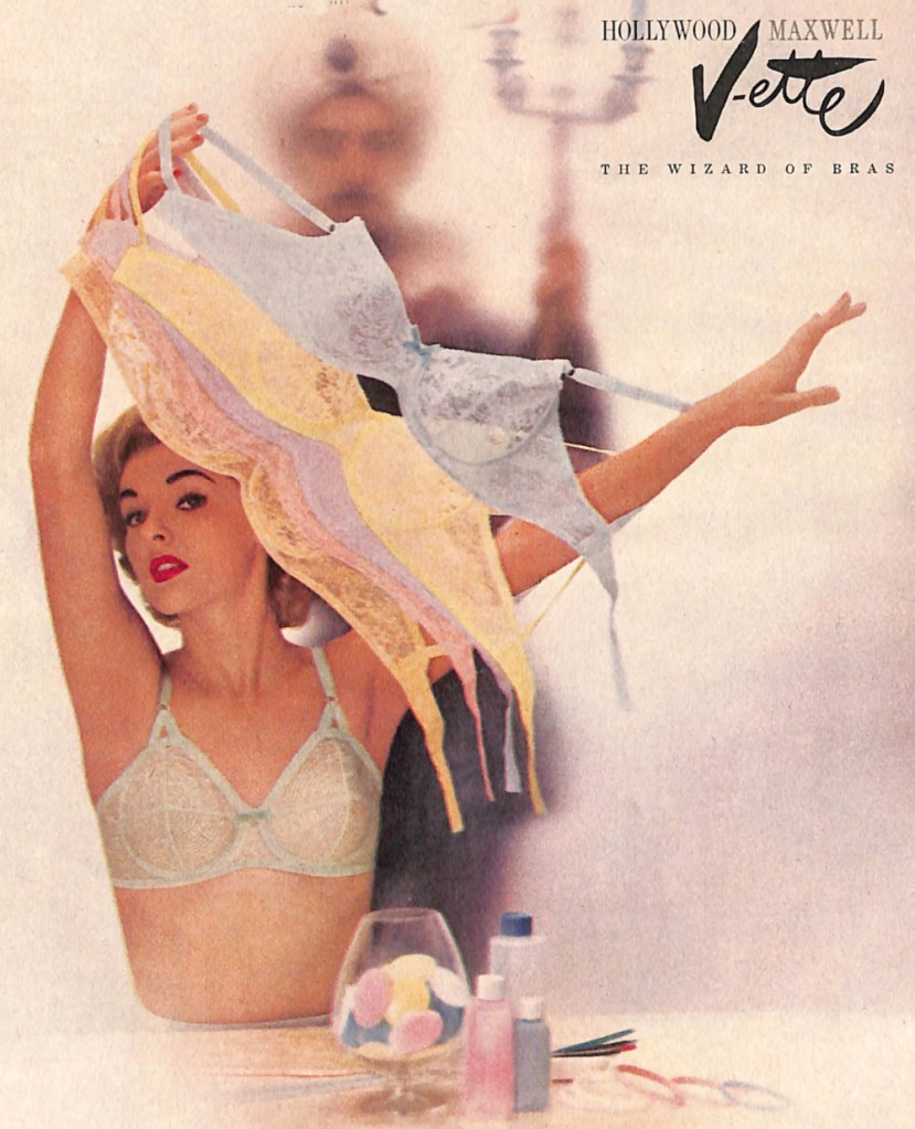 Women in bra holding lacey bras in pastel colors - Glamour March 1956