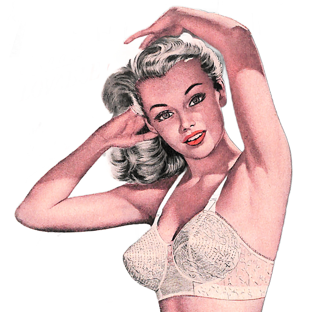 Loveable ringlet bra ad - Woman wearing a Loveable holiday glamour bra. Today's Woman November 1952