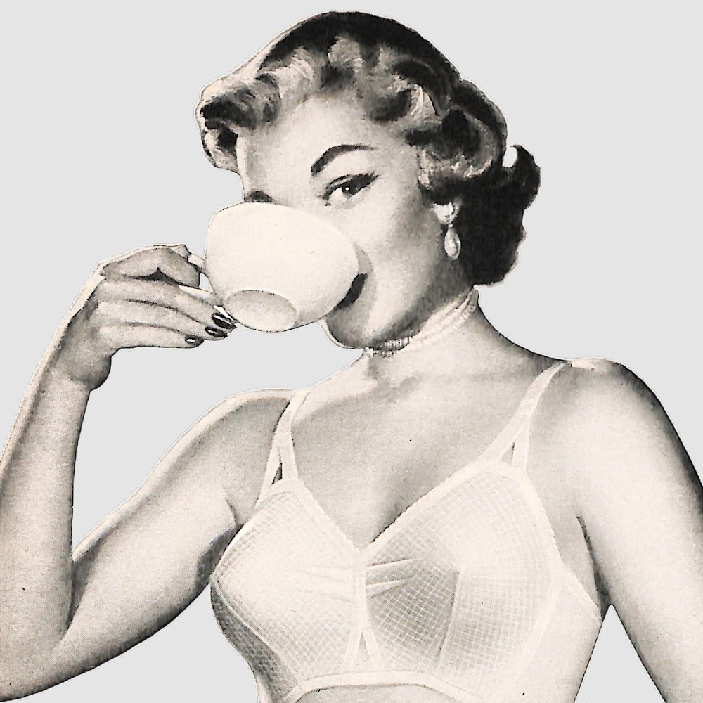 Formfit ad - McCalls September 1951 - Woman in bra drinking coffee.