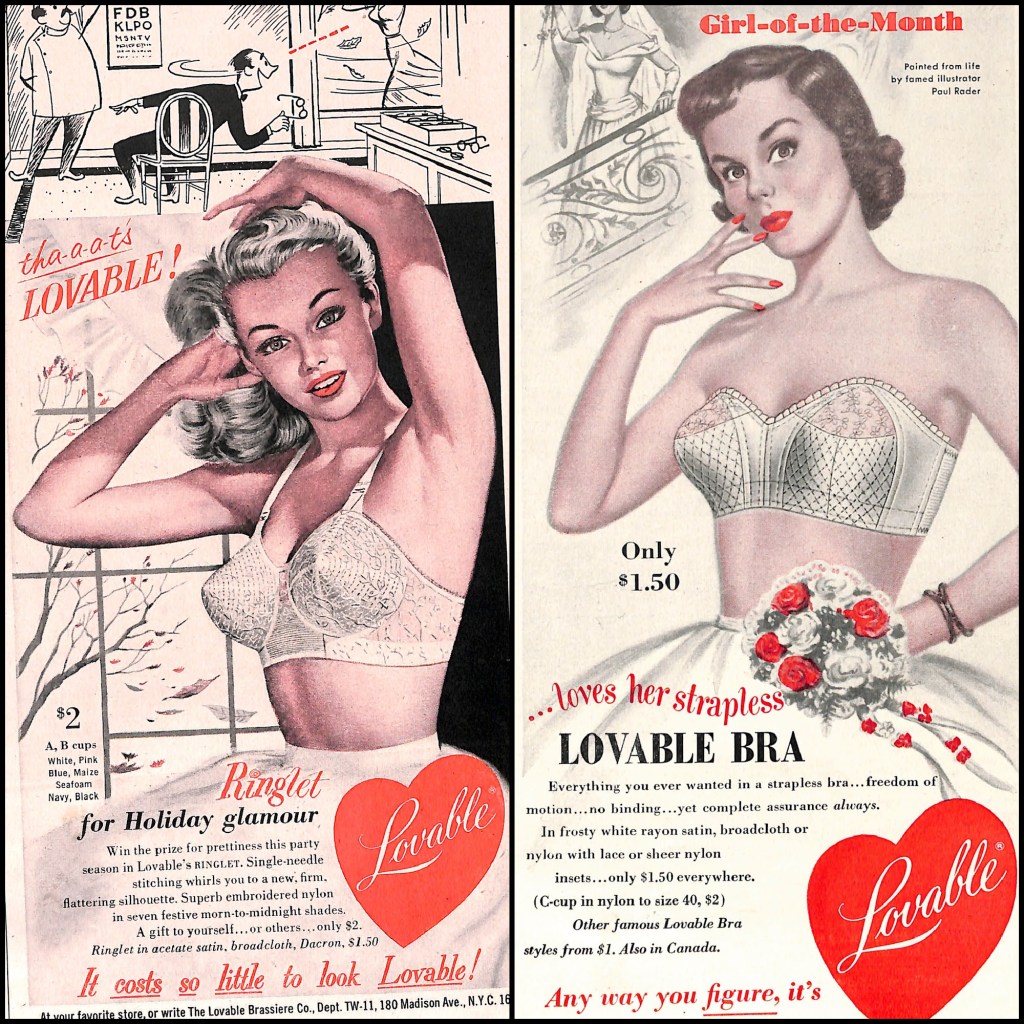 Lovable Ringlet Holiday glamour bra $2 - Today's Woman November 1952 and Lovable strapless bra from June 1951 Today's Woman.