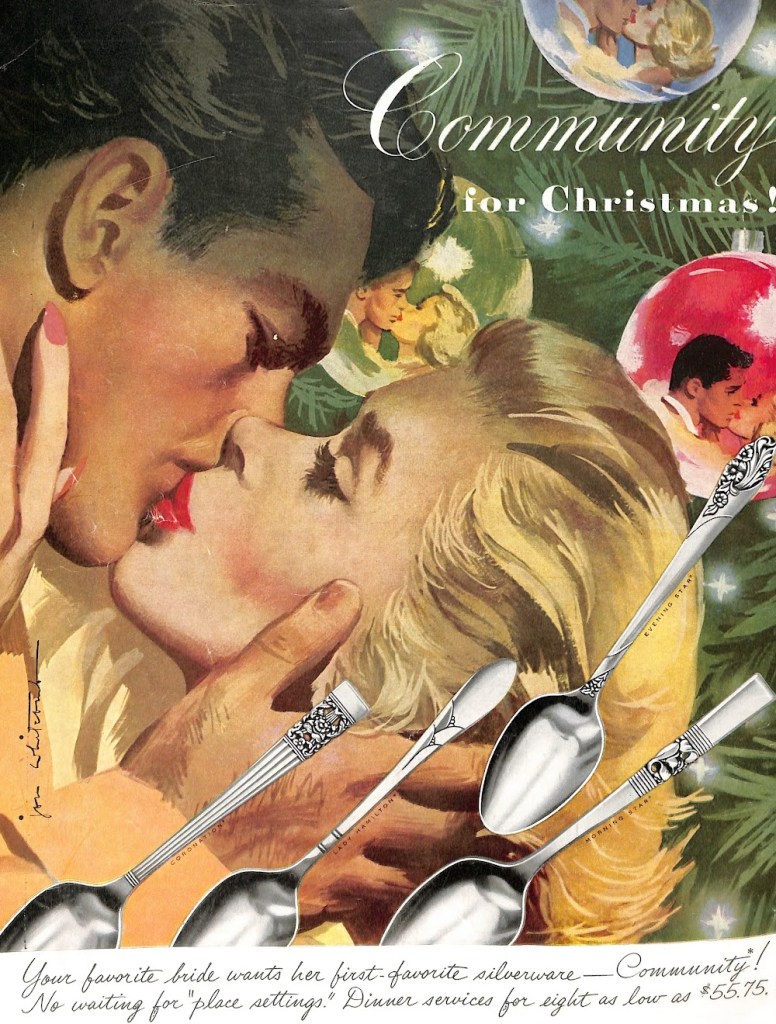 Jon Whitcomb Illustration Community Silver Plate. McCalls December 1951. Romantic pose.