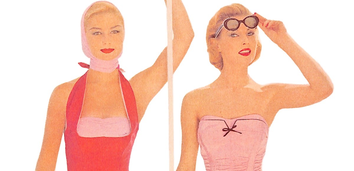 2 women wearing pink vintage swimsuits by Catalina
