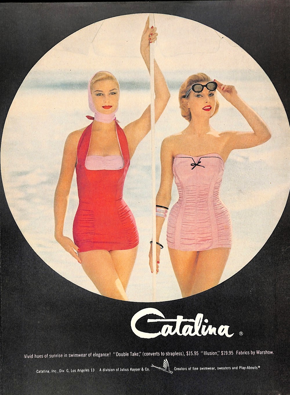 2 women wearing pink vintage swimsuits by Catalina