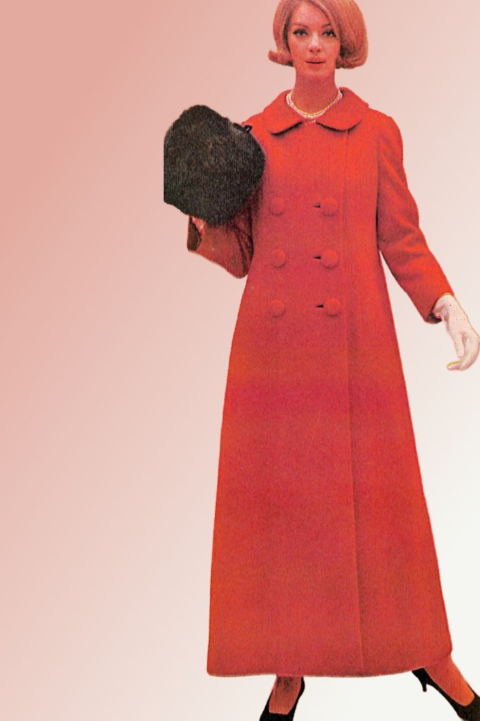 Modelia Double-breasted wool maxi coat in red. Sold for $100 in 1963. Worn with a fur muff, white gloves, and pearls.