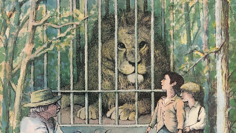 Illustration of zoo lion in cage with 2 young boys and older man looking on
