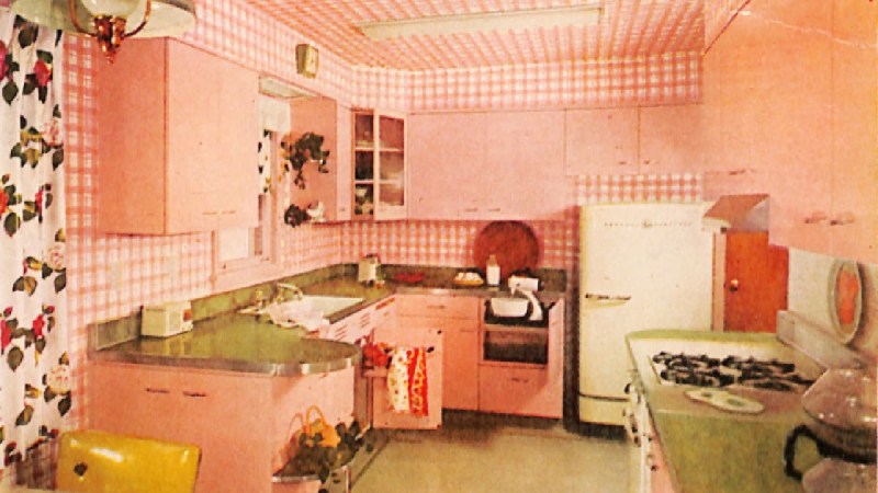 Pink on pink kitchen.