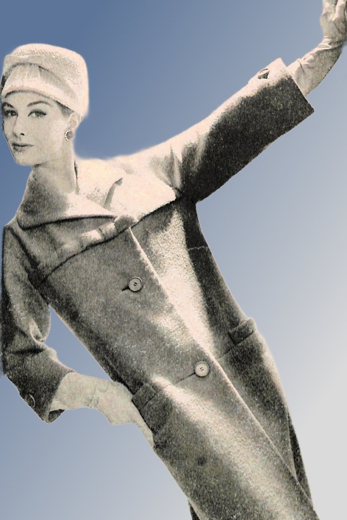 Woman wearing hat, gloves and stylish coat by Christian Dior.