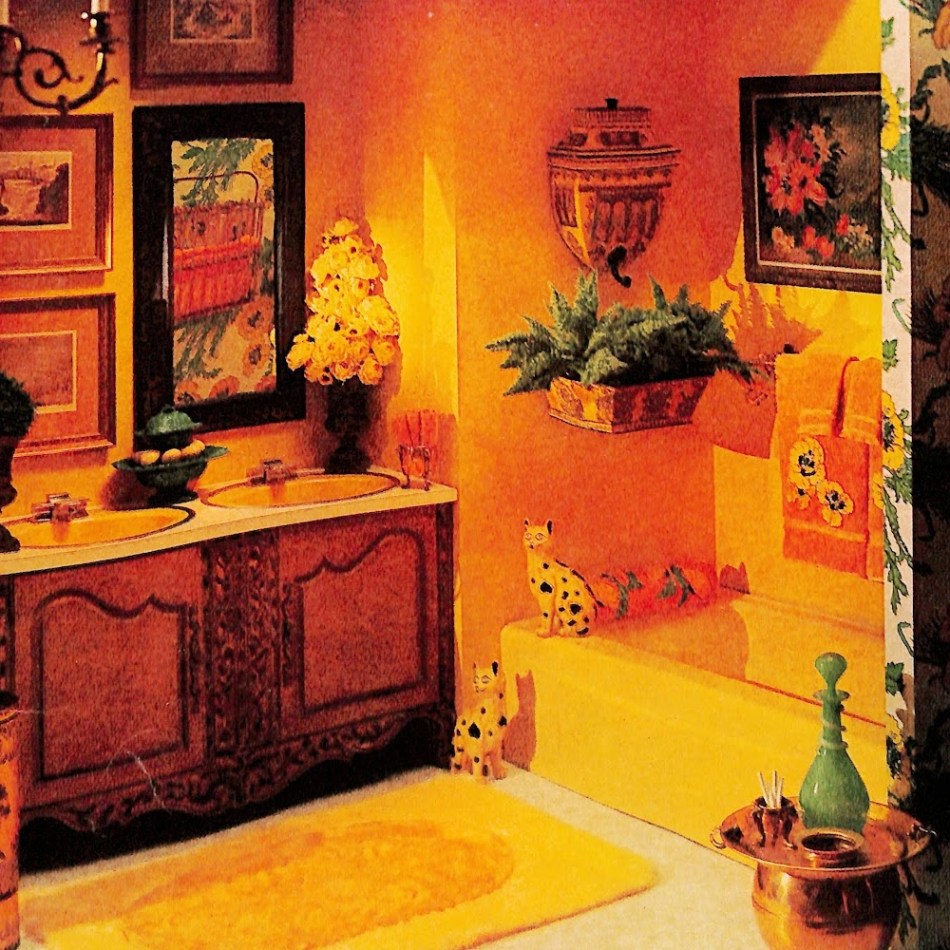 Gold tub with gold walls and wicker basket