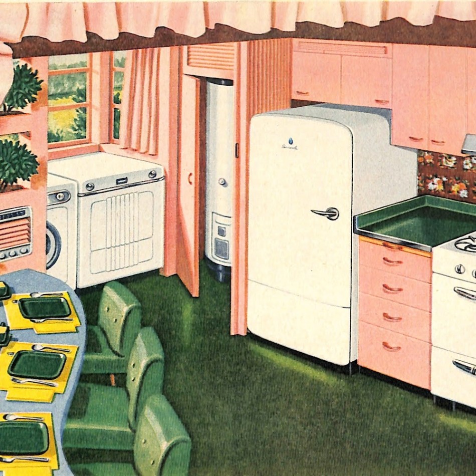 Pink kitchen with fridge and washer and dryer