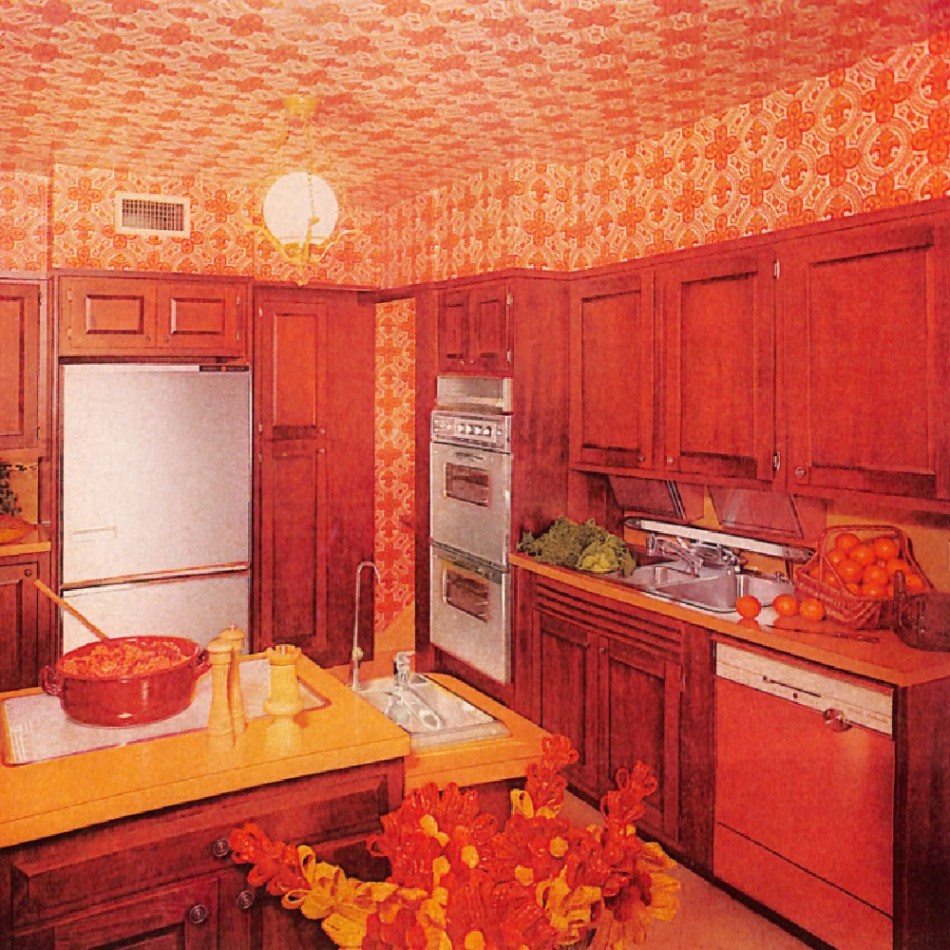 Kitchen with bold gold, orange, and wood colors