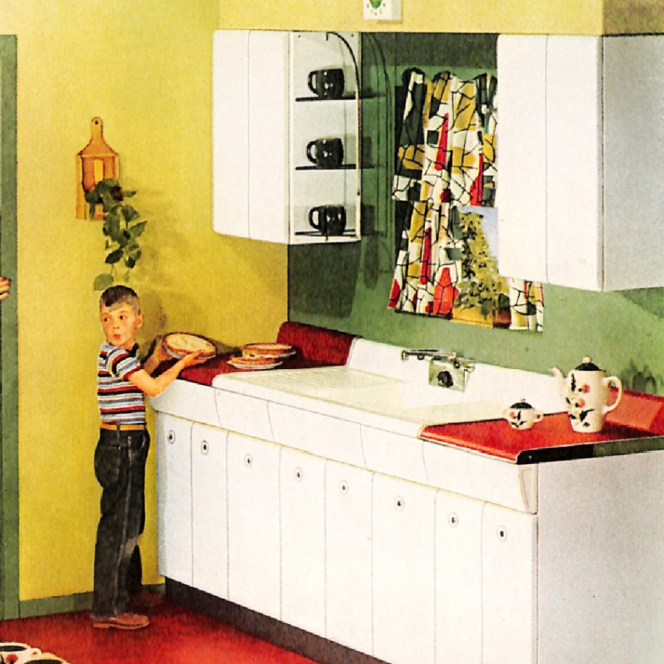 Boy stealing a pie in a vintage kitchen with gold walls, white cabinets, and red countertops