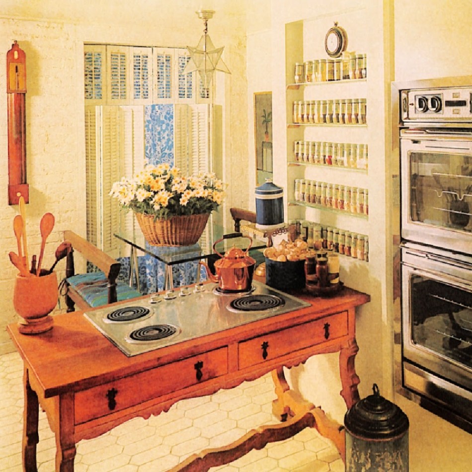 Vintage 1960s kitchen with double oven and range built into table